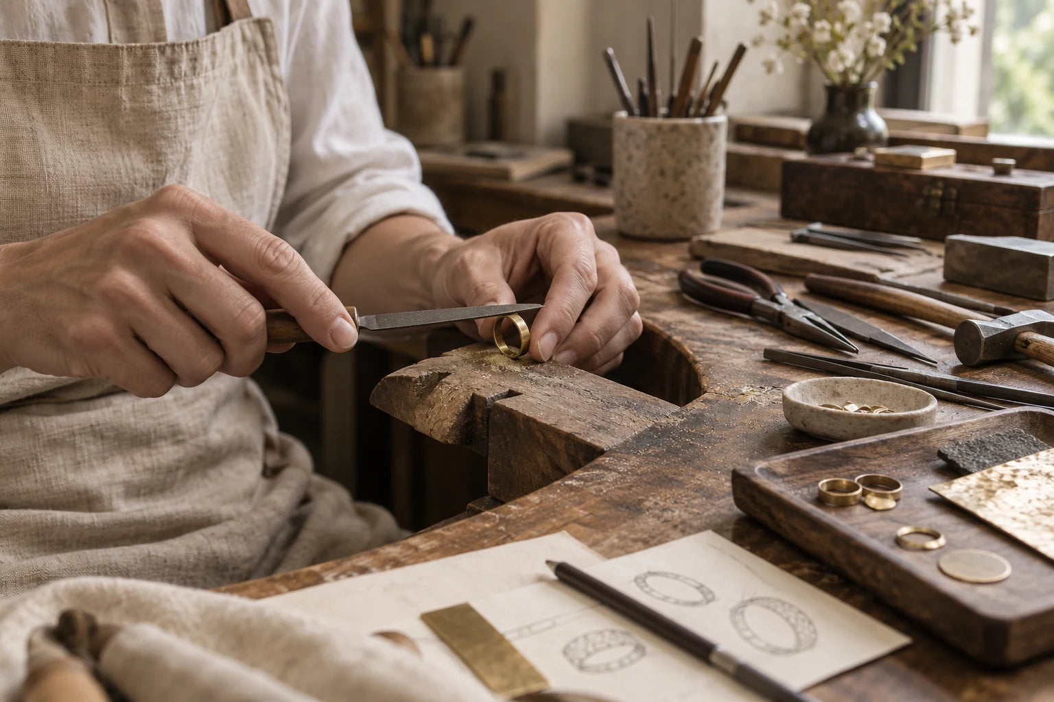 Mains travaillant une bague à l’établi — image d’ambiance